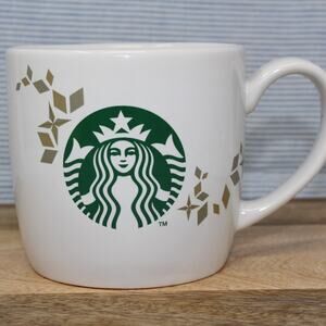 2013 Holiday Collection Starbucks Coffee Mug 14oz White-Green-Gold Handle